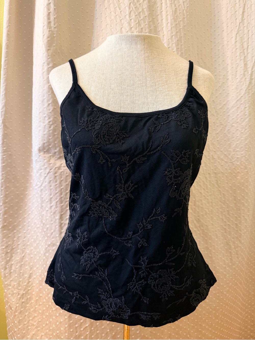 Vintage Cache Black Beaded Floral Satin Camisole Top Y2K Size L